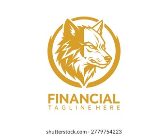 Golden wolf head logo with financial text for business branding