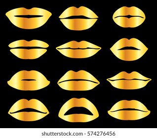 Golden woman's lips in misc expression vector icons set illustration
