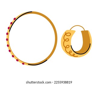 Golden women earrings doodle hand drawn vector set. Ring or hoop and huggie earring types illustration. Hand made jewelry concept.