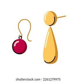 Golden women earrings, teadrops shape. Doodle hand drawn vector illustration. Hand made jewelry concept.