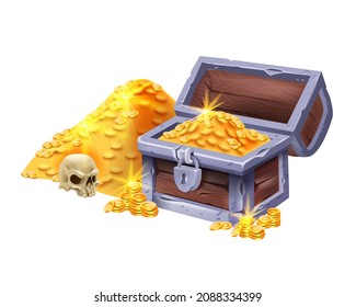 Cofre dorado de madera, ilustración del juego del tronco del tesoro pirata vectorial, maderas corsair caja secreta completa. Moneda de caja antigua, bloqueo de hierro cráneo, abundancia clipart rica en blanco. Concepto de pecho retro de oro