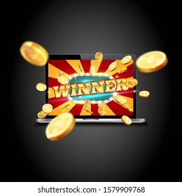 Golden words winner on retro background and explosion of coins displayed on a netbook monitor screen. Bright retro banner for online casinos, poker, roulettes or slots.