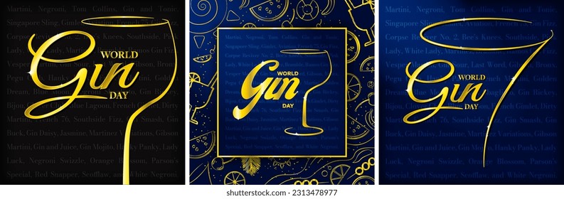 Golden World Gin Day Greeting Card Set, celebrated on June 10th. Martini and Gin Balloon Glasses symbol with World Gin Day typography. List of Gin cocktails on background.  Vector Illustration. 