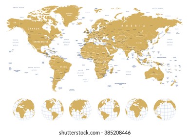 Golden World Map - borders, countries, cities and globes - illustration
Highly detailed vector illustration of world map:
- land contours
- country and land names
- city names
- water object names 
