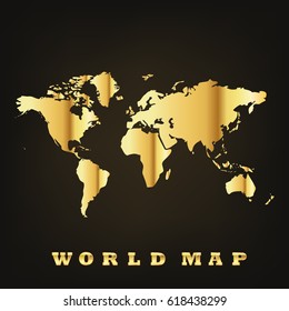 Golden world map on dark background. Vector illustration. Glossy world map.