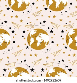 Golden world map and paper plane in a geometric seamless pattern, perfect to use on the web, or in print