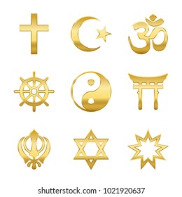Golden world religion symbols. Signs of major religious groups and religions. Christianity, Islam, Hinduism, Buddhism, Taoism, Shinto, Sikhism and Judaism- isolated vector illustration.