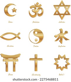 Golden world religion symbols. Signs of major religious groups and religions. Christianity, Islam, Hinduism, Buddhism, Taoism, Shinto, Sikhism and Judaism- isolated vector illustration.