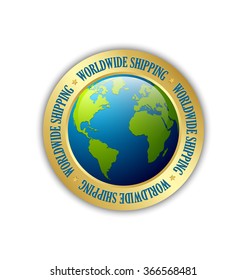 Golden worldwide shipping badge isolated on white background