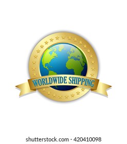 Golden worldwide shipping badge isolated on white background