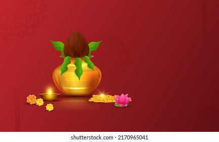 Golden Worship Pot (Kalash) With Shiny Coins, Lit Oil Lamp (Diya), Lotus, Marigold Flower And Copy Space On Red Mandala Background.