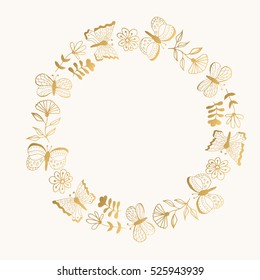 Golden wreath with butterfly. Doodle vector illustration