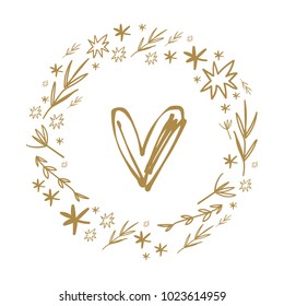 Golden wreath, floral frame, template. Hand drawn heart. Decor elements, postcard, sticker, card for social networks and for printing. Vector, clip art. Isolated.