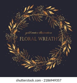 Golden Wreath Flowers For Decorative Design. Golden Border Design. Vector Illustration.