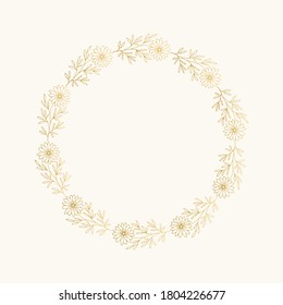 Golden wreath with flowers and leaves. Vector isolated illustration.