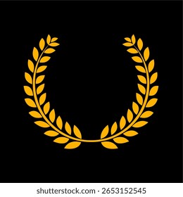 Coroa dourada de folhas de louro. Coroa de louros. Coroa de trigo, representando um quadro de prêmios, realizações, símbolos, em um fundo preto, estilo de design de arte plana.
