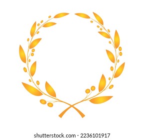 Golden wreath of laurel leaves on a white background. Icon of a circular wreath of laurel leaves and berries in a flat style. Award for the winner of the competition. .Antiquity. Logo design element
