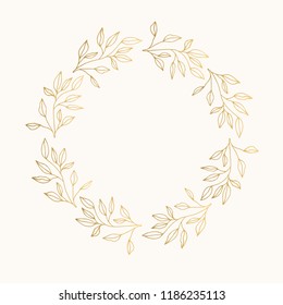 Golden wreath with leaves and branches.