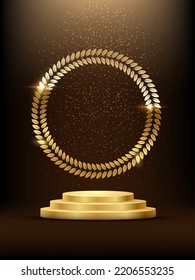 Golden wreath of leaves in circle shape and 3d podium for winner vector illustration. Realistic gold confetti and light falling on victory reward platform, recognition prize on dark background