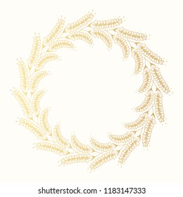 Golden wreath with malt, barley, wheat, rye ears. Round hand drawn design beer label frame. Vector isolated. 