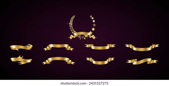 Golden wreath and ribbons realistic vector illustration set. Flaring reward for champion elements 3d models on dark background. Prize detail