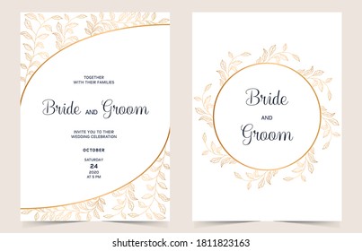 Golden wreath wedding invitation card template. Golden floral leaves illustration for greeting cards, postcards, birthdays, banners and business cards. Floral decorative wedding card vector.