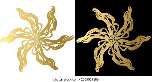 golden wreaths of branches with leaves on a black and white background. Vector isolated contour decorative wavy wreath for frame wedding invitations and greeting cards