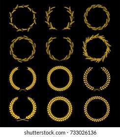 Golden wreaths and ears wheat. Design element for decoration of  award, medal, coat of arms or anniversary logo.  Golden silhouette on black background. Vector illustration