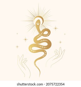 Golden wriggling serpent with hands, stars and the sun. Celestial print for design of t-shirts, fabrics, cards and covers. Vector illustration for witchcraft.