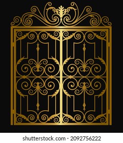 Golden Wrought Iron Gates With Ornaments On Black Background