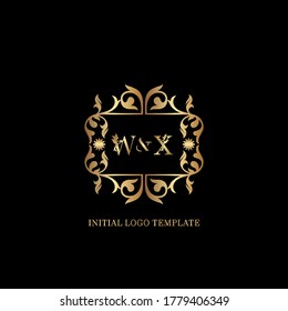 Golden WX Initial logo. Frame emblem ampersand deco ornament monogram luxury logo template for wedding or more luxuries identity