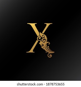 Golden X Letter Logo Ornate Decoration Elegance Swirl Ornament Luxury Style  Vector  Design