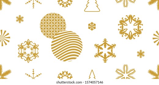 	
Golden Xmas seamless pattern with modern motifs. Abstract snowflakes and circles with different ornaments. Retro design collection. On white background.