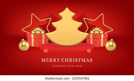 Golden Xmas spruce on podium Merry Christmas congratulations red web banner template realistic 3d icon vector illustration. Happy New Year festive celebration fashion gift box premium ball toy stars