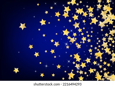Golden Xmas Stars Vector Blue Background. Christmas Confetti Pattern. Glow Wallpaper. Yellow Abstract Sparkle Border.