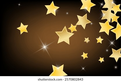 Golden Xmas Stars Vector Brown Background. Shiny Dust Wallpaper. Sparkle Banner. Yellow Galaxy Star Border.