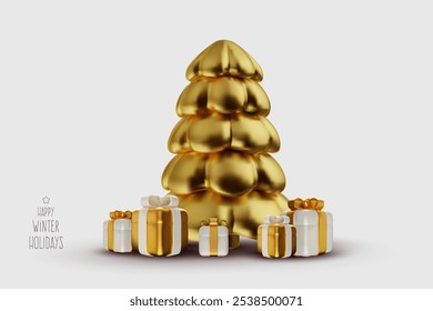 Golden xmas tree with gift boxes. Merry Christmas and Happy New Year composition in 3d vector style. Holiday background for banner, card, flyer. Realistic cartoon illustration.