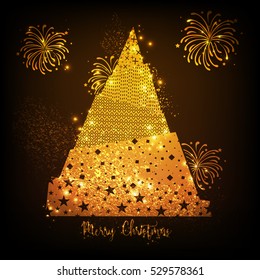 Golden Xmas Tree, Merry Christmas Night Party Celebration Poster or Banner Design. 