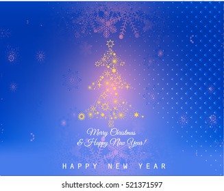 Golden Xmas tree , snow flack on shiny blue background. Vector. Merry Christmas, New Year and Happy Holidays celebrations.