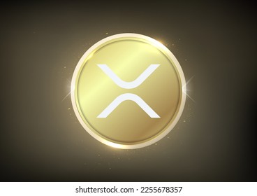 Golden XRP Coin Crypto banner . XRP cryptocurrency golden coin symbol  isolated on gold coin 