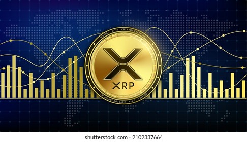 Golden XRP currency coin. Electronic crypto currency modern technology. Digital cryptocurrency block chain market token banner. On world map chart background. 3D Vector.