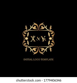 Golden XY Initial logo. Frame emblem ampersand deco ornament monogram luxury logo template for wedding or more luxuries identity