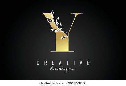 Golden Y letter logo design with white leaves branch vector illustration. Creative and elegant icon with letter Y.