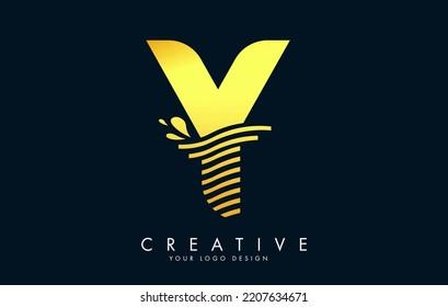 Golden Y Letter Logo with Waves and Water Drops Design Vector Illustration.