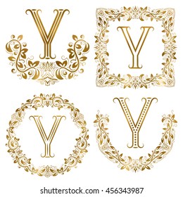 Golden Y letter ornamental monograms set. Heraldic symbols in wreaths, square and round frames.