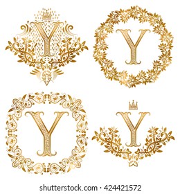 Golden Y Letter Vintage Monograms Set. Heraldic Coats Of Arms And Round Frames.