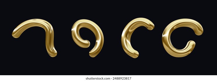 Golden y2k abstract shape. 3d gold neon line curve element on black background. Futuristic y2k pattern. Graphic fluid chrome element for trendy design. Vector 3d illustration