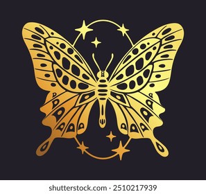 Mariposa dorada y2k. Abstractas insecto volador estético dorado Y2K, siluetas de mariposa brillantes con Formas ovaladas, estrellas y destellos decoran Ilustración vectorial plana. Logotipo de mariposa de dibujos animados