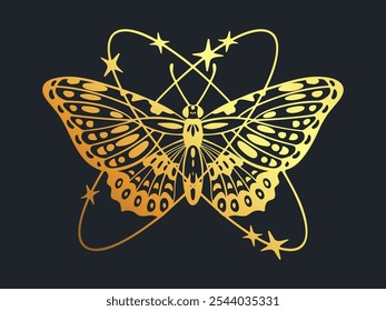 Golden y2k butterfly. Abstract y2k metallic insect, butterfly silhouette with sparkle stars and oval shapes flat vector illustration. Gold butterfly on dark background