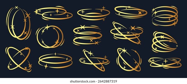 Golden y2k oval frames. Brutalist old school ellipse shapes with stars and sparkles, precious oval frames flat vector illustration set. Abstract aesthetic symbols